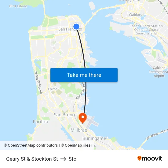 Geary St & Stockton St to Sfo map