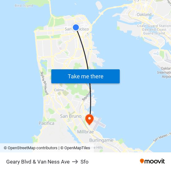 Geary Blvd & Van Ness Ave to Sfo map