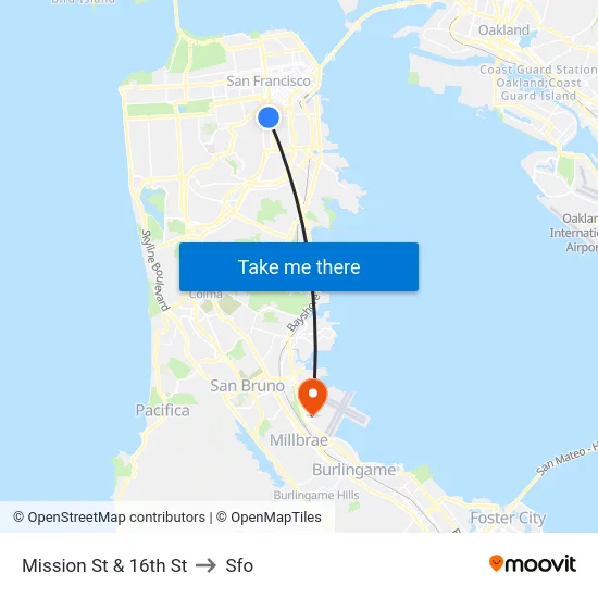 Mission St & 16th St to Sfo map