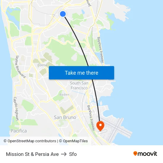 Mission St & Persia Ave to Sfo map