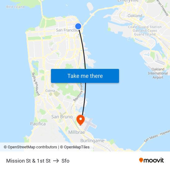 Mission St & 1st St to Sfo map