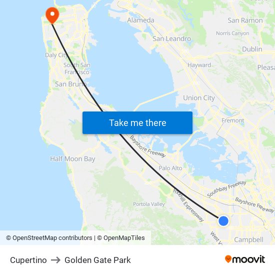 Cupertino to Golden Gate Park map