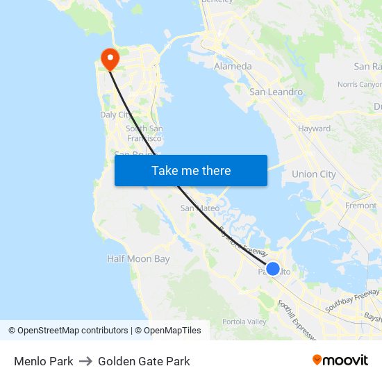 Menlo Park to Golden Gate Park map