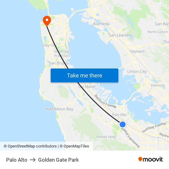 Palo Alto to Golden Gate Park map