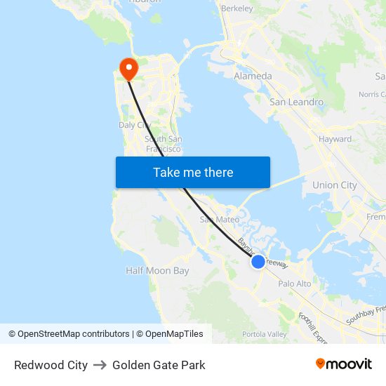 Redwood City to Golden Gate Park map