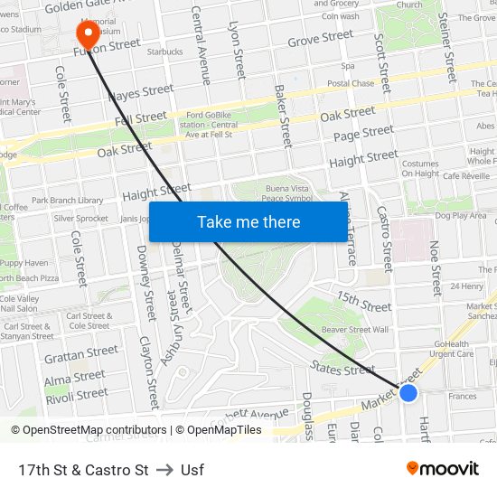 17th St & Castro St to Usf map