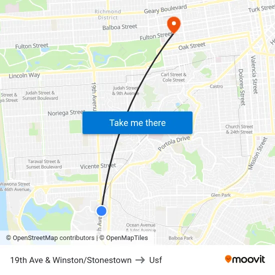 19th Ave & Winston/Stonestown to Usf map