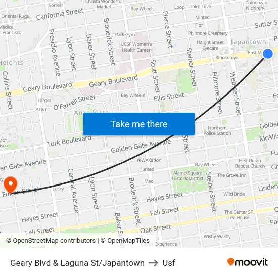 Geary Blvd & Laguna St/Japantown to Usf map
