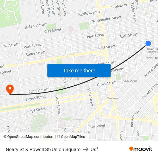 Geary St & Powell St/Union Square to Usf map