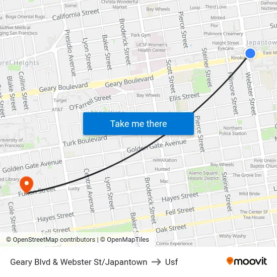 Geary Blvd & Webster St/Japantown to Usf map