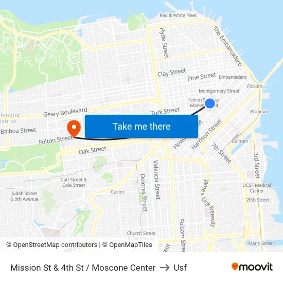 Mission St & 4th St / Moscone Center to Usf map