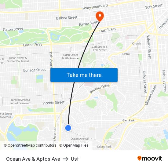 Ocean Ave & Aptos Ave to Usf map