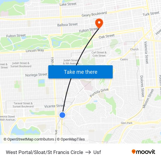 West Portal/Sloat/St Francis Circle to Usf map