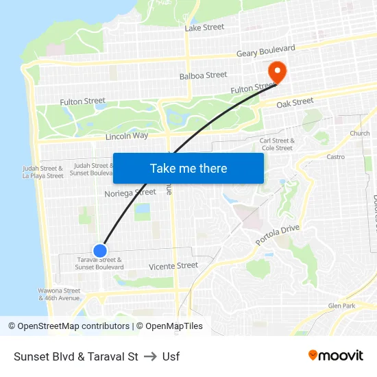 Sunset Blvd & Taraval St to Usf map