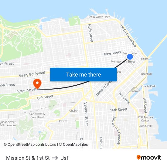 Mission St & 1st St to Usf map