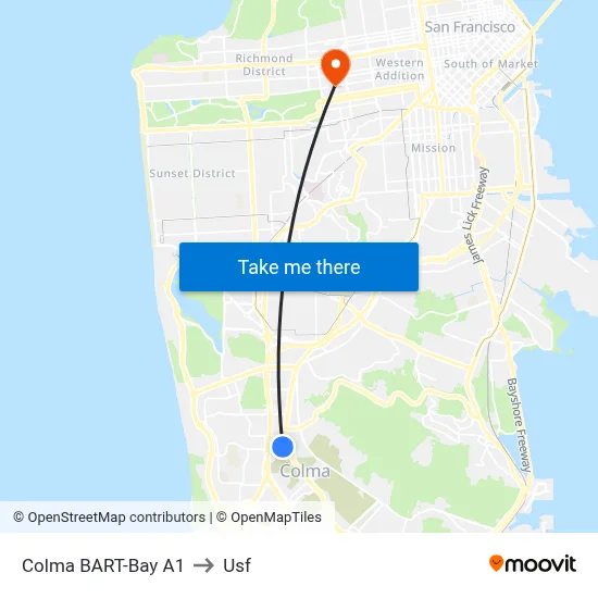 Colma BART-Bay A1 to Usf map