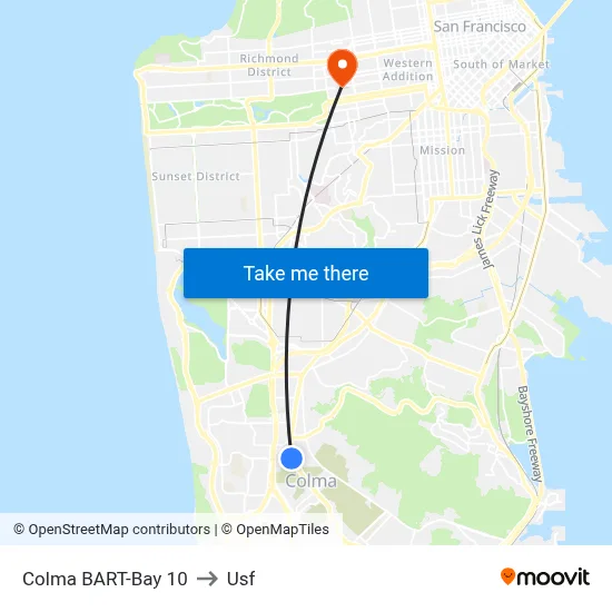 Colma BART-Bay 10 to Usf map