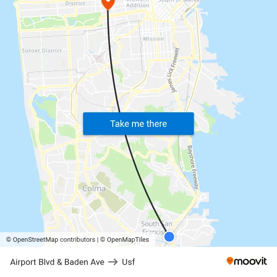 Airport Blvd & Baden Ave to Usf map
