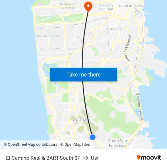 El Camino Real & BART-South SF to Usf map