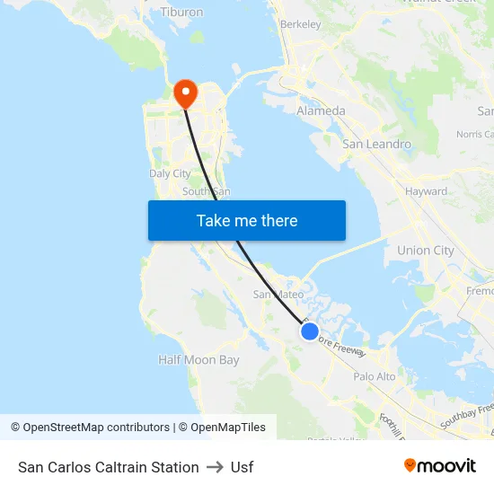 San Carlos Caltrain Station to Usf map