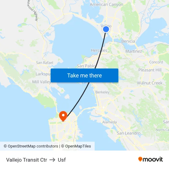 Vallejo Transit Ctr to Usf map