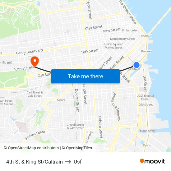 4th St & King St/Caltrain to Usf map