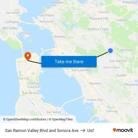 San Ramon Valley Blvd and Sonora Ave to Usf map