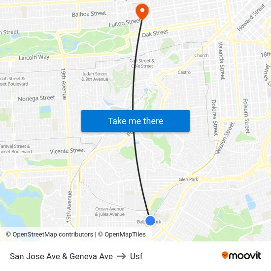 San Jose Ave & Geneva Ave to Usf map