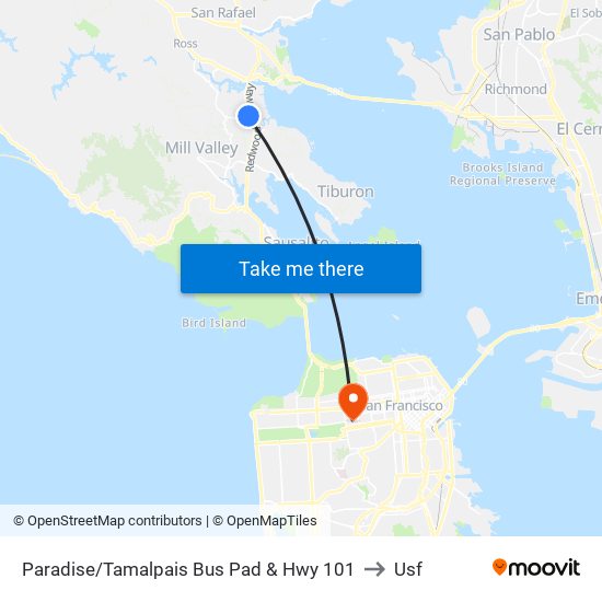 Paradise/Tamalpais Bus Pad & Hwy 101 to Usf map