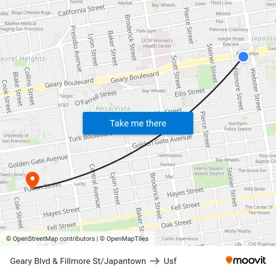 Geary Blvd & Fillmore St/Japantown to Usf map