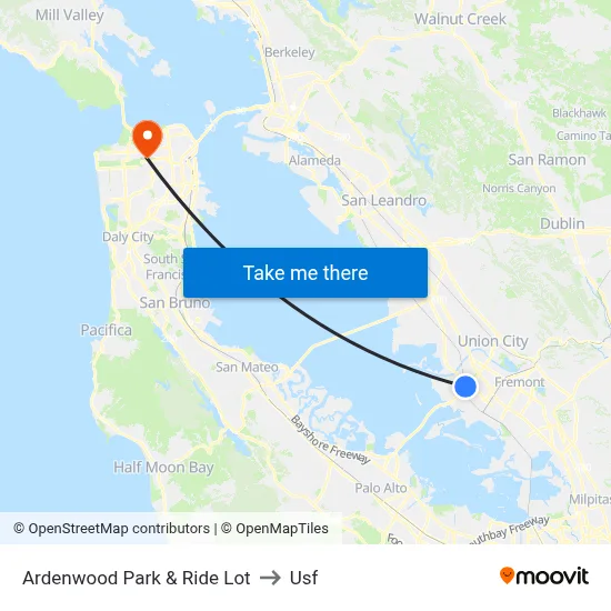 Ardenwood Park & Ride Lot to Usf map
