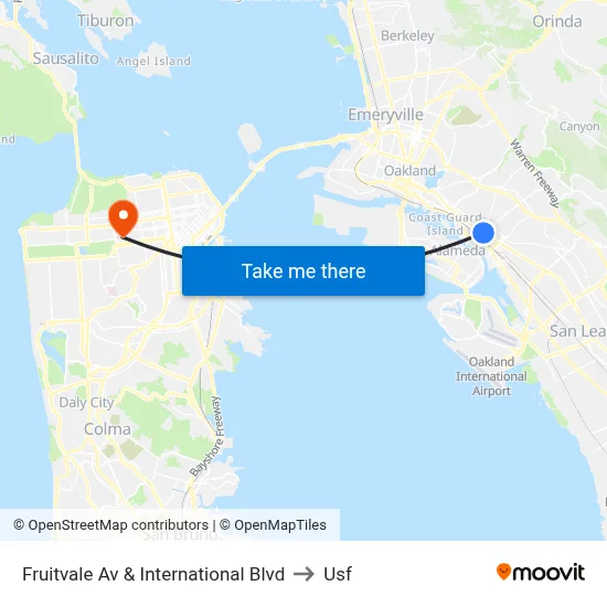 Fruitvale Av & International Blvd to Usf map