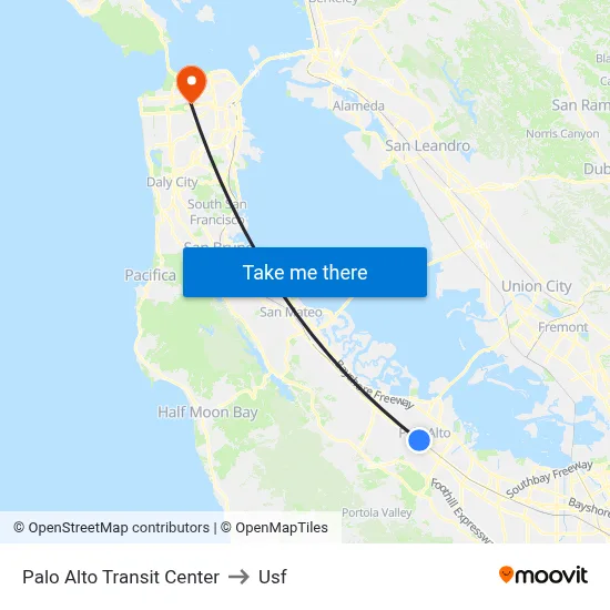 Palo Alto Transit Center to Usf map
