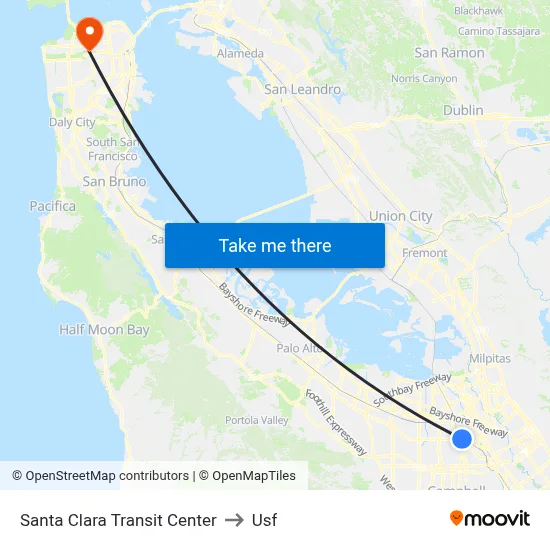 Santa Clara Transit Center to Usf map