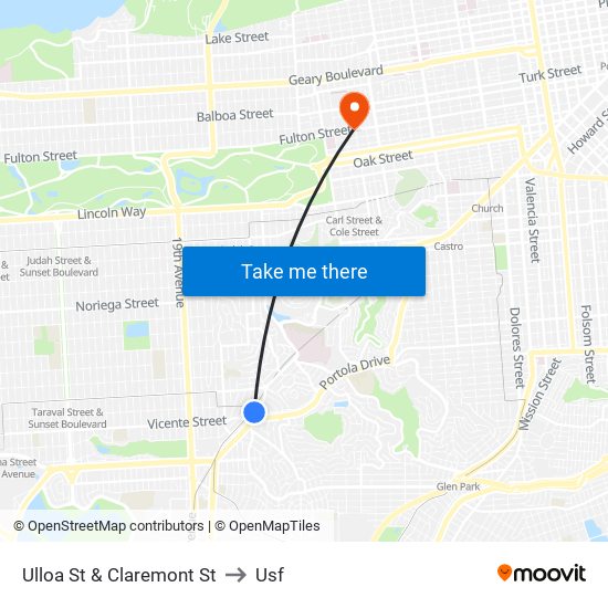 Ulloa St & Claremont St to Usf map