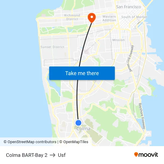 Colma BART-Bay 2 to Usf map