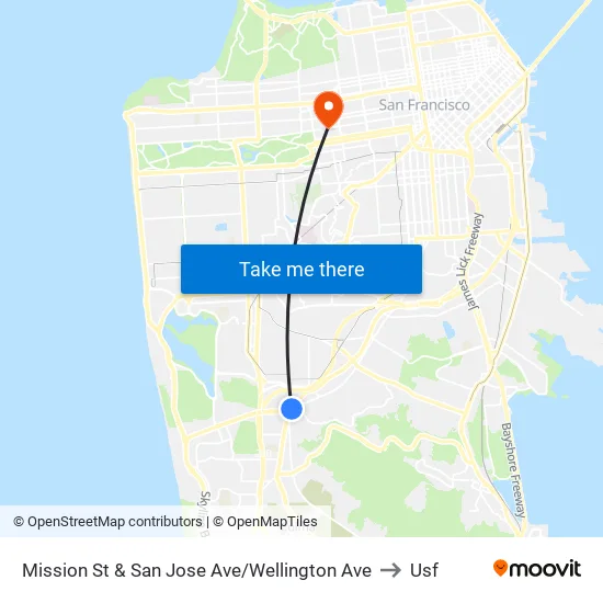 Mission St & San Jose Ave/Wellington Ave to Usf map