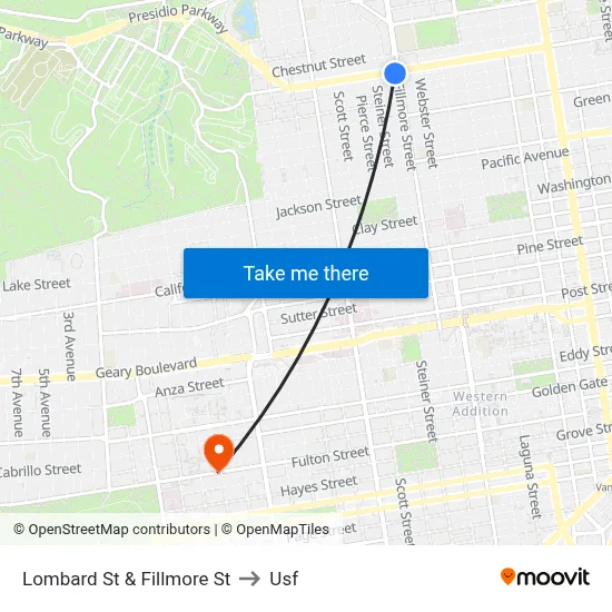 Lombard St & Fillmore St to Usf map