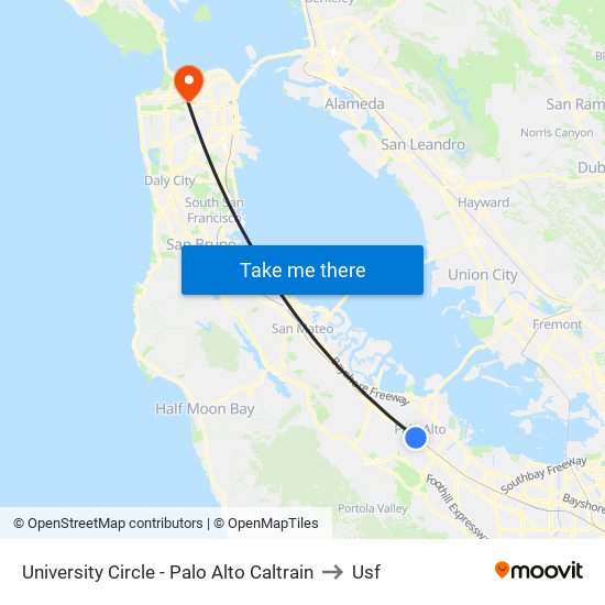 University Circle - Palo Alto Caltrain to Usf map