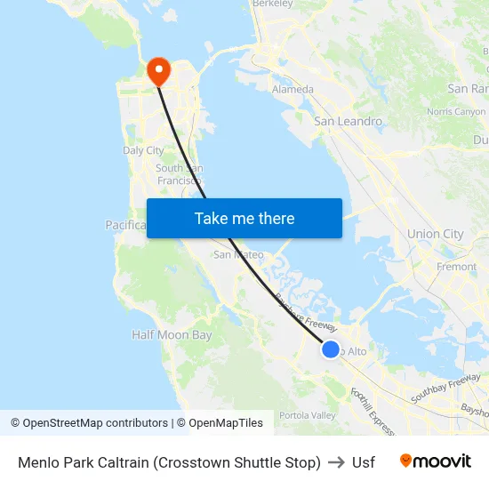 Menlo Park Caltrain (Crosstown Shuttle Stop) to Usf map
