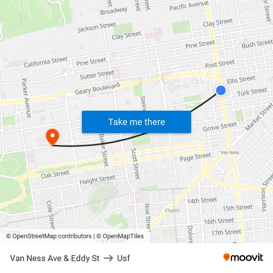 Van Ness Ave & Eddy St to Usf map