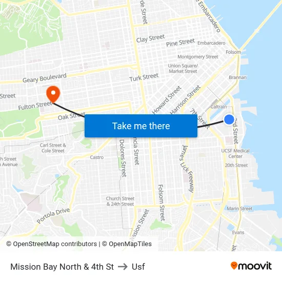 Mission Bay North & 4th St to Usf map
