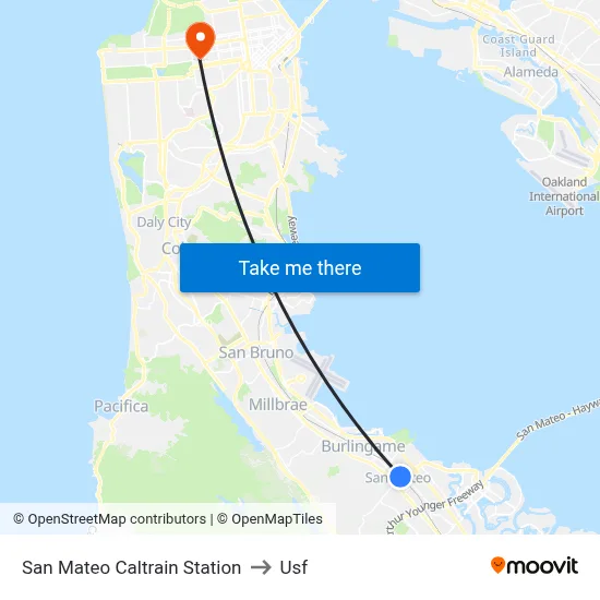 San Mateo Caltrain Station to Usf map