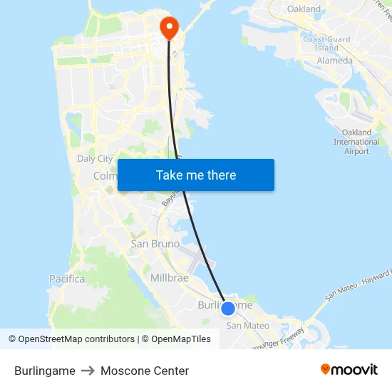 Burlingame to Moscone Center map