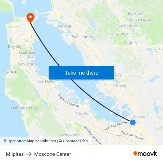 Milpitas to Moscone Center map