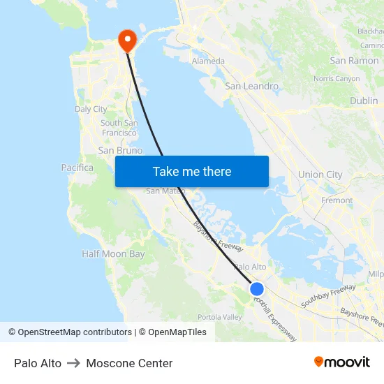 Palo Alto to Moscone Center map