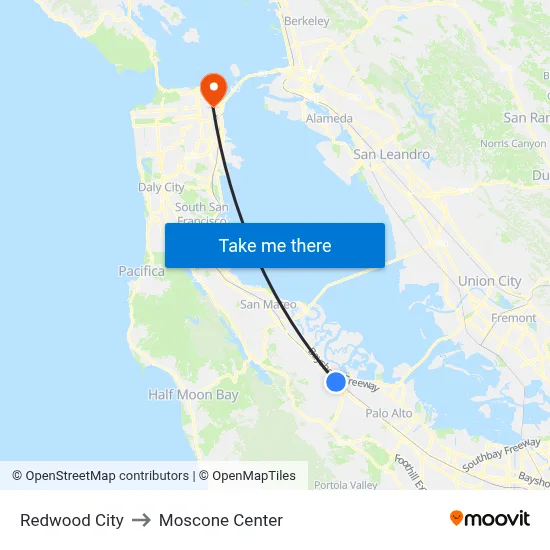 Redwood City to Moscone Center map
