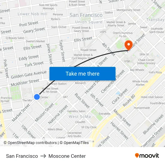 San Francisco to Moscone Center map