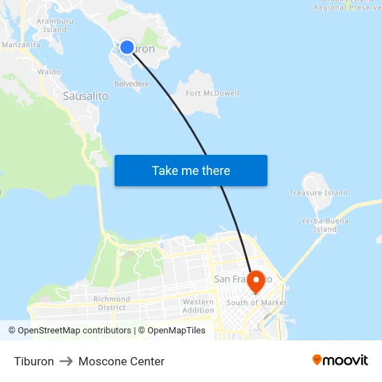Tiburon to Moscone Center map