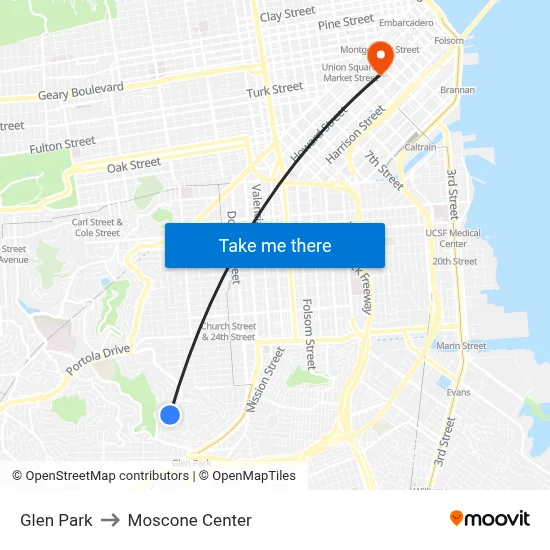 Glen Park to Moscone Center map